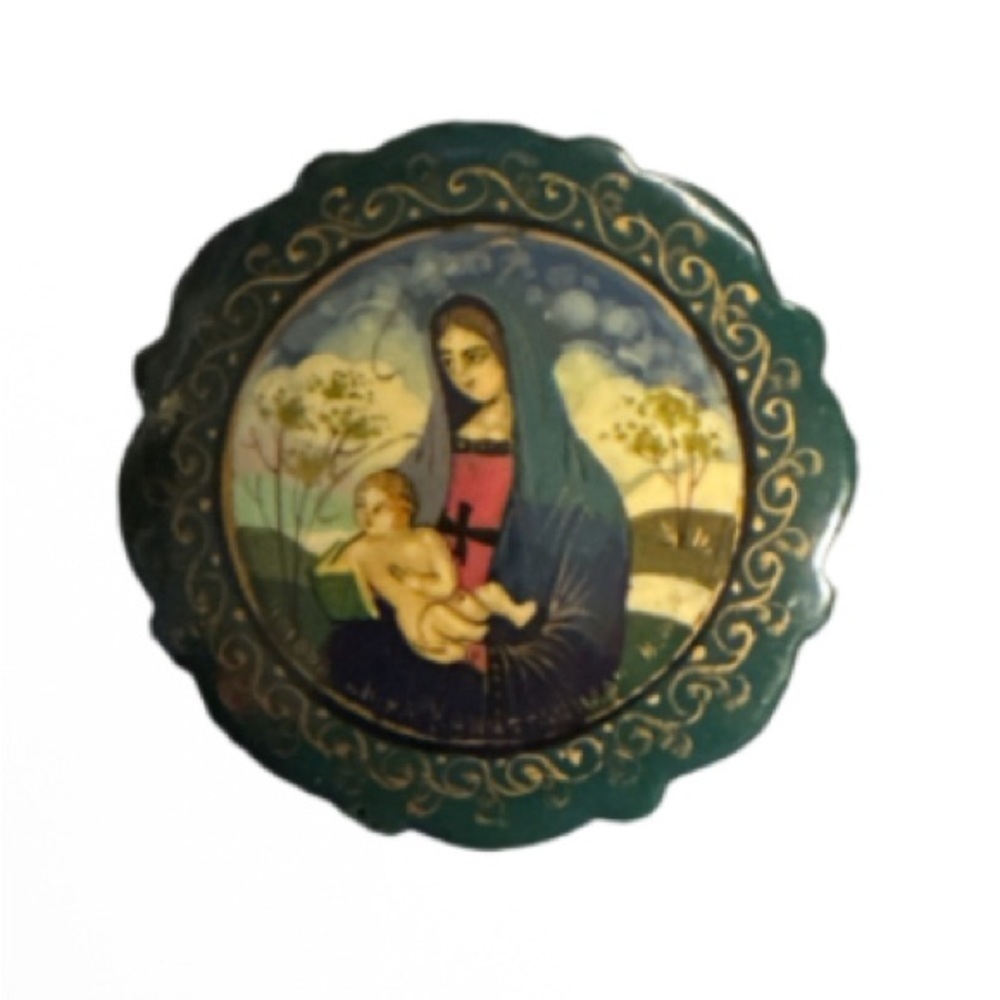 Vintage Madonna and Child Religious hand painted Brooch